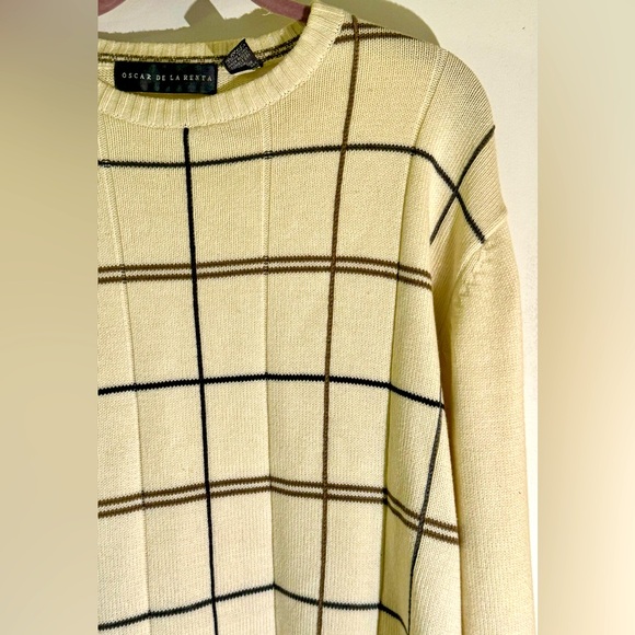 Oscar de la Renta Men's Cable Knit Plaid Cream Crewneck Sweater Size Large - Picture 3 of 9